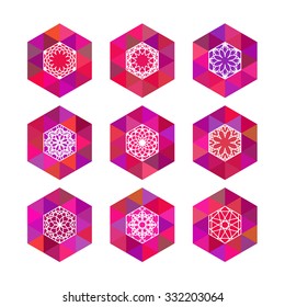 Geometric crystal hexagonal logo templates. Vector ornamental symbols in polygonal style