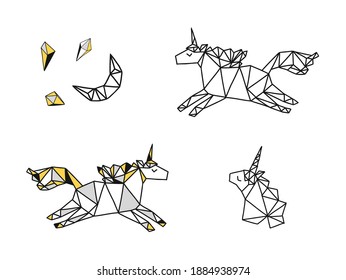 Geometric crystals set. Hand drawn unicorn.