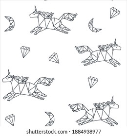 Juego de cristales geométricos. Unicornio dibujado a mano.