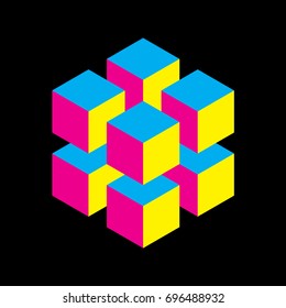 Geometric cube of 8 smaller isometric cubes in CMYK colors. Abstract design element. Science or construction concept. 3D vector object.