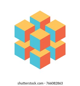 Geometric cube of 8 smaller isometric cubes. Abstract design element. Science or construction concept. 3D vector object.