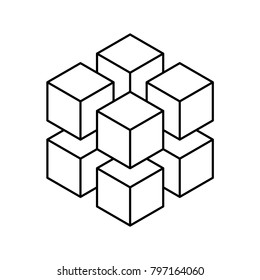 Geometric cube of 8 smaller isometric cubes. Abstract design element. Science or construction concept. Black outline 3D vector object.
