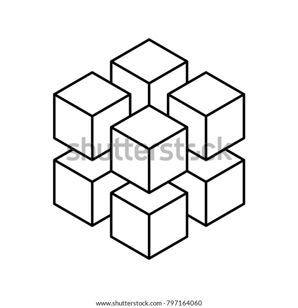 8 小等距立方体的几何立方体 抽象设计元素 科学或建筑概念 黑色轮廓3d 库存矢量图 免版税
