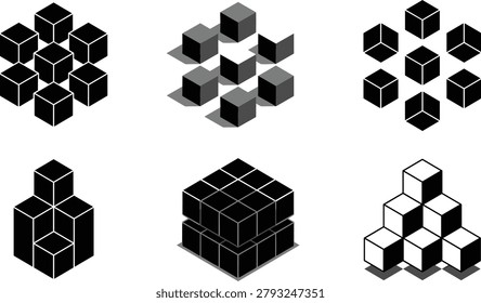 Geometric cube arrangements in black and white showing abstract 3D patterns, stacked blocks, and pyramid structures