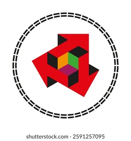 Geometric cube arrows. Abstract optical effect. Colorful perspective shape. Red direction contrast.
