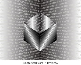 Geometric cube with computer digital data code zero and one.
