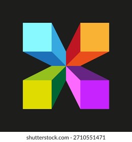 Geometric cube element. Colorful 3D shape. Abstract cross Vector. Dark background graphic. EPS 10.