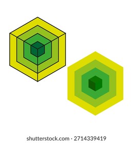 Geometric cube element. Concentric hexagon pattern. Green yellow Vector. 3D layer graphic. EPS 10.