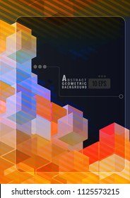 Geometric cube graphic template on multi color tone striped with blank space for text on black background