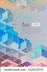 Geometric cube graphic template on multi color tone striped with blank space for text on light gray background