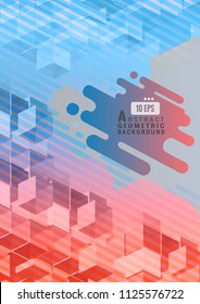 Geometric cube graphic template on blue and red color tone striped with blank space shape for text background