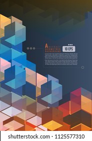 Geometric cube graphic template on multi color tone striped with blank space for text on dark gray  background