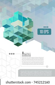Geometric cube graphic template on green turquoise with white space background