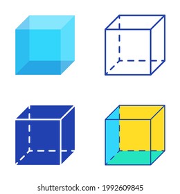 Geometric cube icon set in flat and line style. Geometry symbol. Vector illustration.