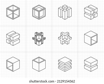 Colección De Iconos De Cubo Geométrico En Estilo De Esquema