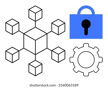 A geometric cube network representing blockchain is paired with a blue padlock symbol and a gear icon. Ideal for technology, security, cryptocurrency, software development, and digital transformation