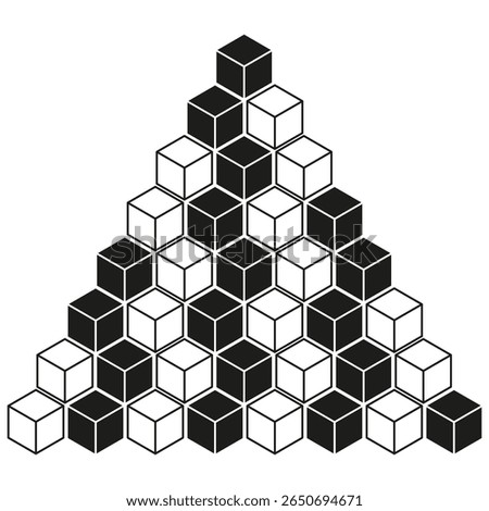 Geometric cube pyramid. Abstract block structure. Stacked dimensional shapes. Monochrome illustration.