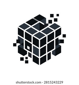 Geometric cube shape composed of small squares, fragmenting into pixels. Represents data, technology, or digital transformation.
