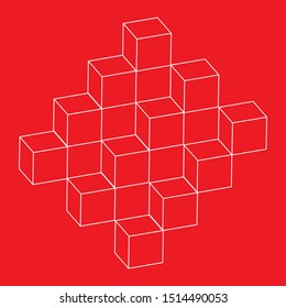 Geometric cube of smaller isometric cubes. Abstract design element. Science or construction concept. White outline