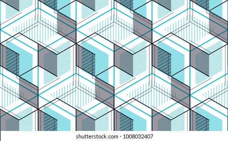 Geometric cubes abstract seamless pattern, 3d vector background. Technology style engineering line drawing endless illustration. Usable for fabric, wallpaper, wrapping, web and print.