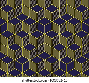 Geometric cubes abstract seamless pattern, 3d vector background. Technology style engineering line drawing endless illustration. Usable for fabric, wallpaper, wrapping, web and print.