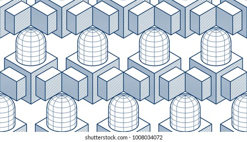 Geometric cubes abstract seamless pattern, 3d vector background. Technology style engineering line drawing endless illustration. Single color, black and white.