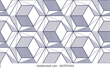 Geometric cubes abstract seamless pattern, 3d vector background. Technology style engineering line drawing endless illustration. Single color, black and white.