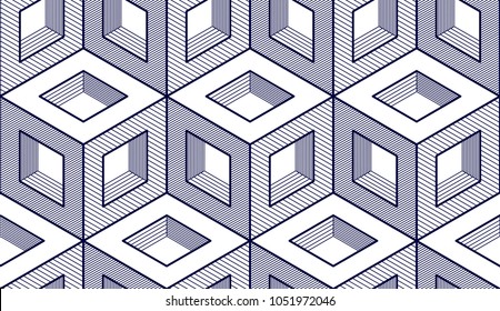 Geometric cubes abstract seamless pattern, 3d vector background. Technology style engineering line drawing endless illustration. Usable for fabric, wallpaper, wrapping, web and print.