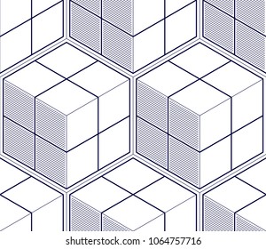 Geometric cubes abstract seamless pattern, 3d vector background. Technology style engineering line drawing endless illustration. Single color, black and white.