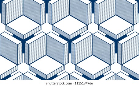 Geometric cubes abstract seamless pattern, 3d vector background. Technology style engineering line drawing endless illustration. Single color, black and white.