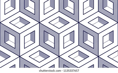 Geometric cubes abstract seamless pattern, 3d vector background. Technology style engineering line drawing endless illustration. Usable for fabric, wallpaper, wrapping, web and print.