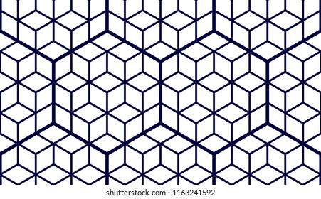 Geometric cubes abstract seamless pattern, 3d vector background. Technology style engineering line drawing endless illustration. Single color, black and white.