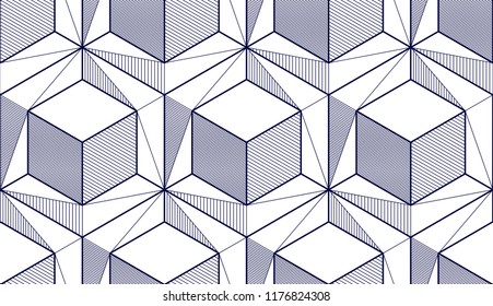 Geometric cubes abstract seamless pattern, 3d vector background. Technology style engineering line drawing endless illustration. Single color, black and white.