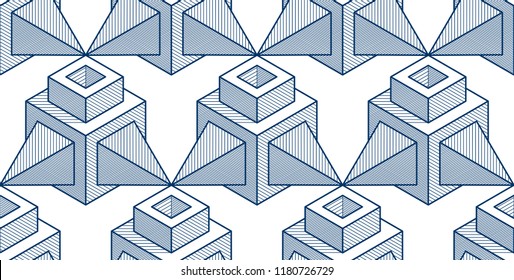 Geometric cubes abstract seamless pattern, 3d vector background. Technology style engineering line drawing endless illustration. Single color, black and white.