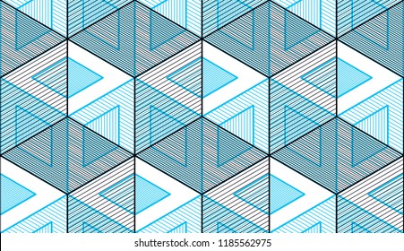 Geometric cubes abstract seamless pattern, 3d vector background. Technology style engineering line drawing endless illustration. Usable for fabric, wallpaper, wrapping, web and print.