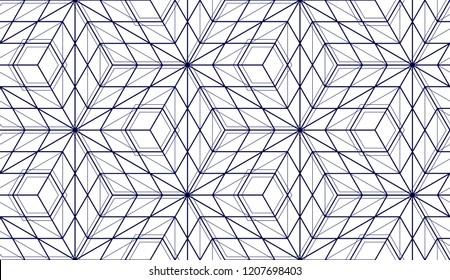 Geometric cubes abstract seamless pattern, 3d vector background. Technology style engineering line drawing endless illustration. Single color, black and white.