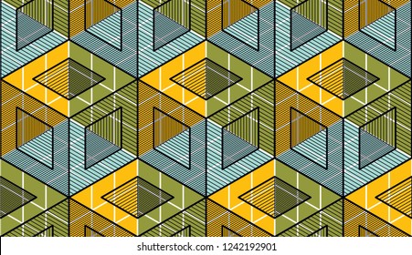 Geometric cubes abstract seamless pattern, 3d vector background. Technology style engineering line drawing endless illustration. Usable for fabric, wallpaper, wrapping, web and print.