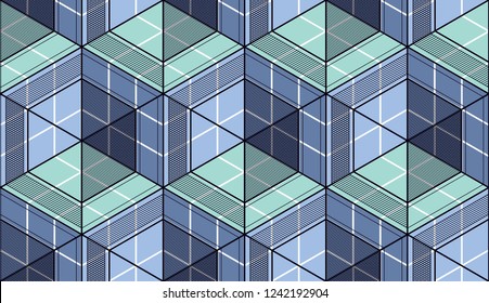 Geometric cubes abstract seamless pattern, 3d vector background. Technology style engineering line drawing endless illustration. Usable for fabric, wallpaper, wrapping, web and print.
