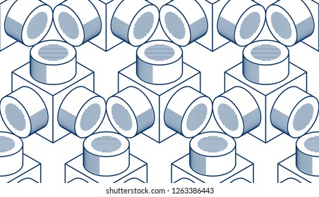 Geometric cubes abstract seamless pattern, 3d vector background. Technology style engineering line drawing endless illustration. Single color, black and white.