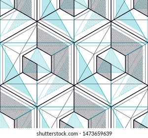 Geometric cubes abstract seamless pattern, 3d vector background. Technology style engineering line drawing endless illustration. Usable for fabric, wallpaper, wrapping, web and print.