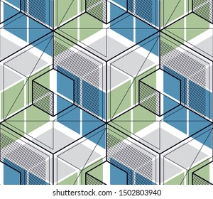 Geometric cubes abstract seamless pattern, 3d vector background. Technology style engineering line drawing endless illustration. Usable for fabric, wallpaper, wrapping, web and print.