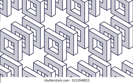 Geometric cubes abstract seamless pattern, 3d vector background. Technology style engineering line drawing endless illustration. Single color, black and white. 