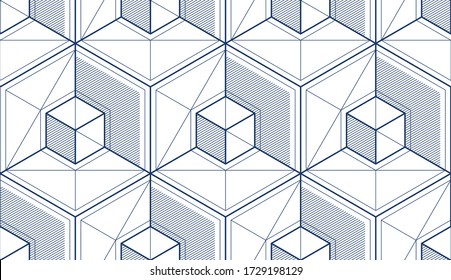 Geometric cubes abstract seamless pattern, 3d vector background. Technology style engineering line drawing endless illustration. Single color, black and white.
