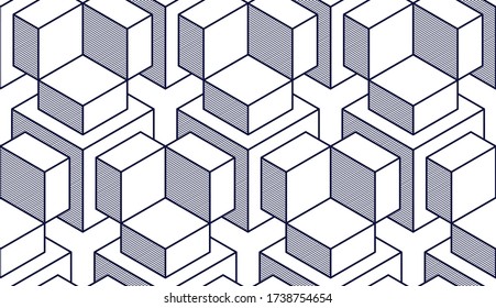 Geometric cubes abstract seamless pattern, 3d vector background. Technology style engineering line drawing endless illustration. Single color, black and white.