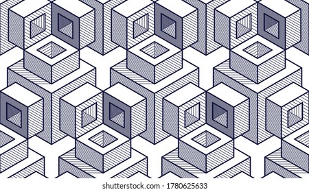 Geometric cubes abstract seamless pattern, 3d vector background. Technology style engineering line drawing endless illustration. Usable for fabric, wallpaper, wrapping, web and print.