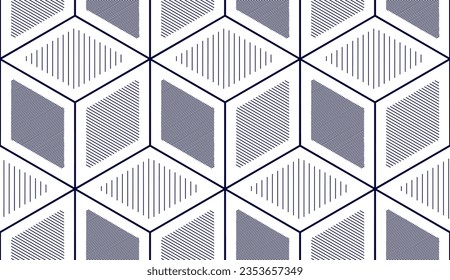 Geometric cubes abstract seamless pattern, 3d vector background. Technology style engineering line drawing endless illustration. Usable for fabric, wallpaper, wrapping, web and print.