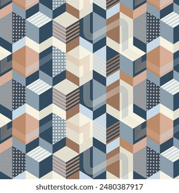 Geometric cubes abstract seamless pattern, 3d vector background. Technology style engineering line drawing endless illustration. Usable for fabric, wallpaper, wrapping, web and print.