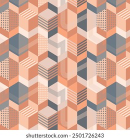 Geometric cubes abstract seamless pattern, 3d vector background. Technology style engineering line drawing endless illustration. Usable for fabric, wallpaper, wrapping, web and print.