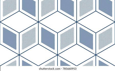 Geometric cubes abstract seamless pattern, 3d vector background. Technology style engineering line drawing endless illustration.