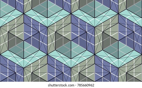 Geometric cubes abstract seamless pattern, 3d vector background. Technology style engineering line drawing endless illustration. Usable for fabric, wallpaper, wrapping, web and print.